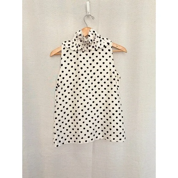 Kate Spade‎ 100% Silk Statement Polka Dot Tie Peplum Ruffle Top Ivory Black Sz 4 - Picture 4 of 6